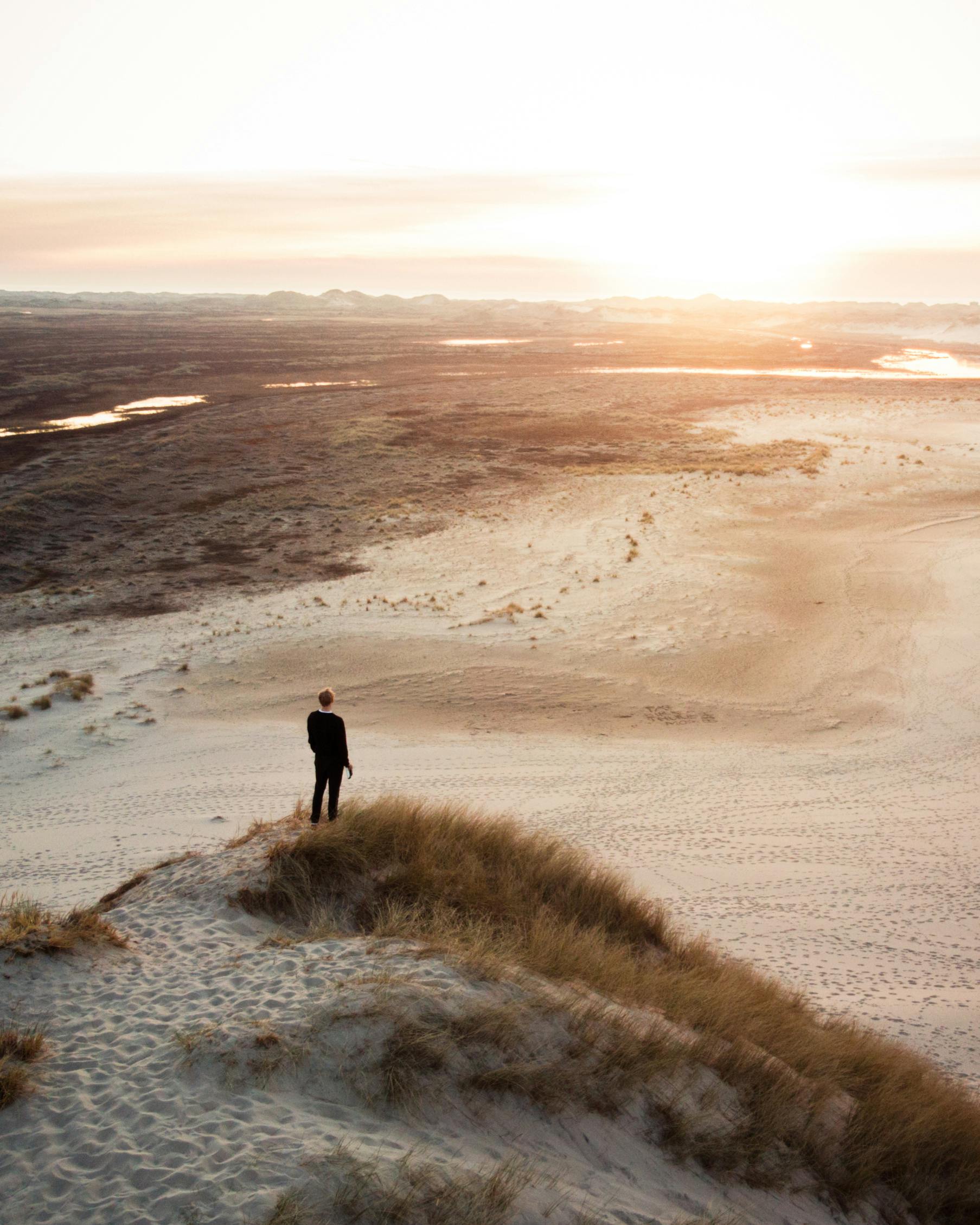 person standing on the edge of a sand dune on the beach